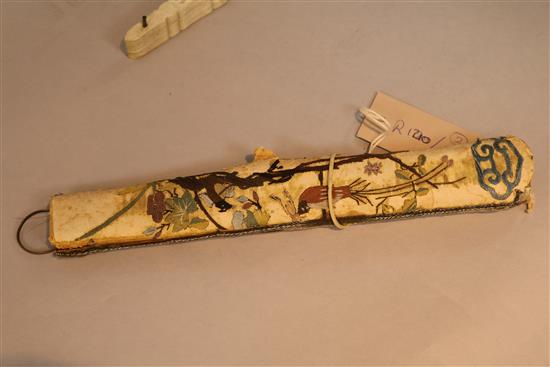 Two Chinese ivory fans and an embroidered fan case
